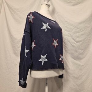 Free People Oversized Cotton Celestial Raw Hem Navy Starry Cropped Sweatshirt XS